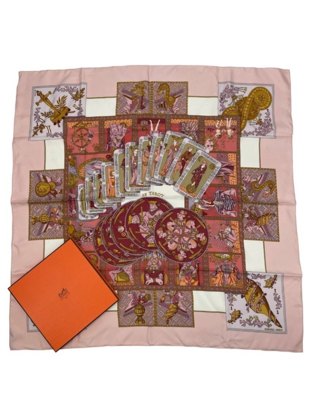 Hermes Scarf Silk Carre 90 le Tarot Card Pink